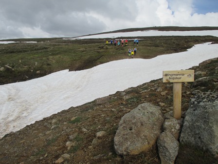 Meginþorri hópsins kominn norðuryfir Þingmannaveg með stefnu á Járnhrygg. Þeir sem vilja halda á Þingmannahnjúk geta hins vegar beygt þarna til hægri.